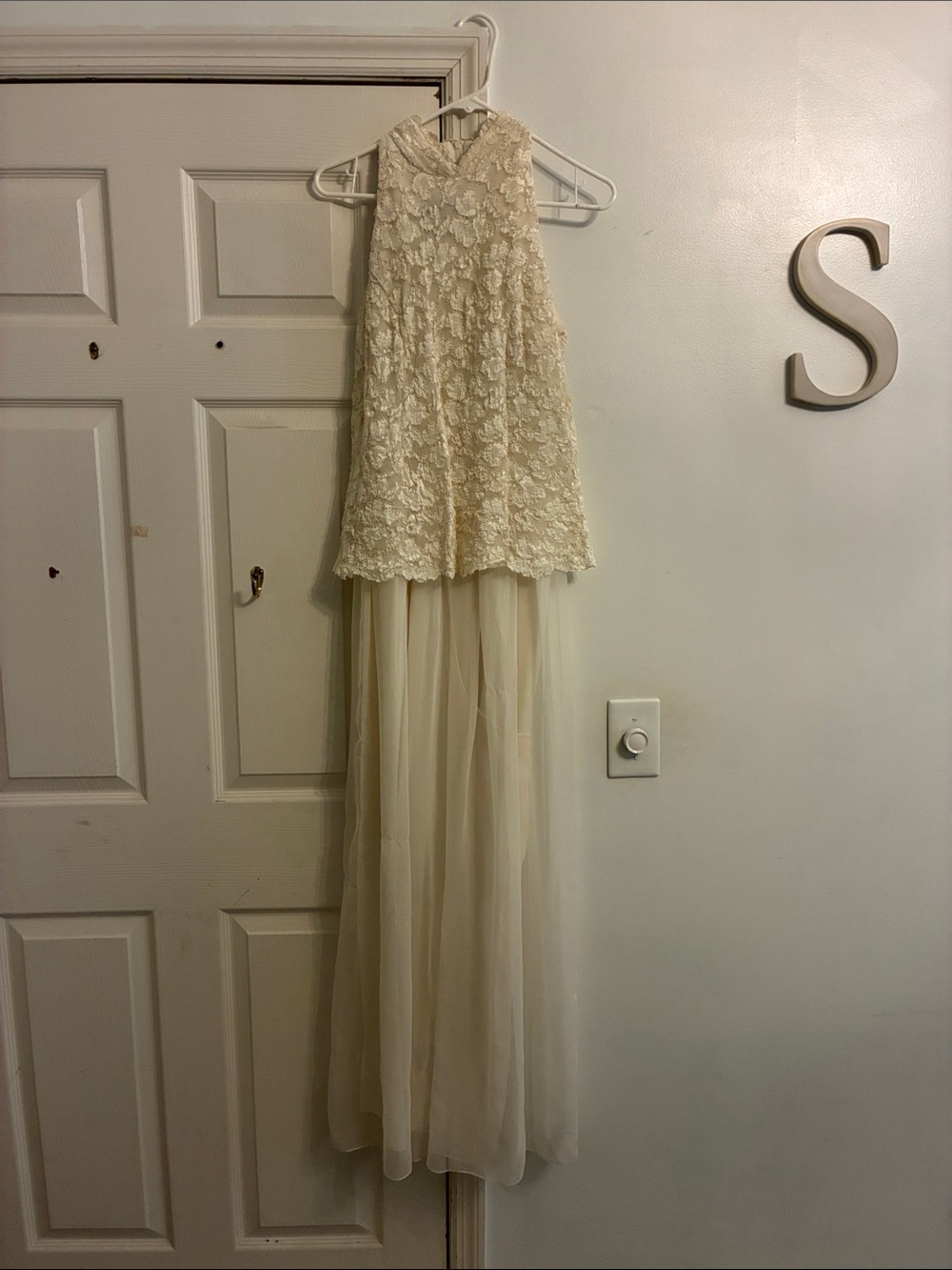 Lace Appliqué High-Neck Maxi jumpsuit in Cream
